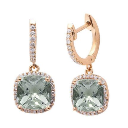 <span>GEMSTONE CLOSEOUT! </span> 3.11cts Cushion Cut Green Amethyst Gemstone & Diamond 14k Yellow Gold Earrings